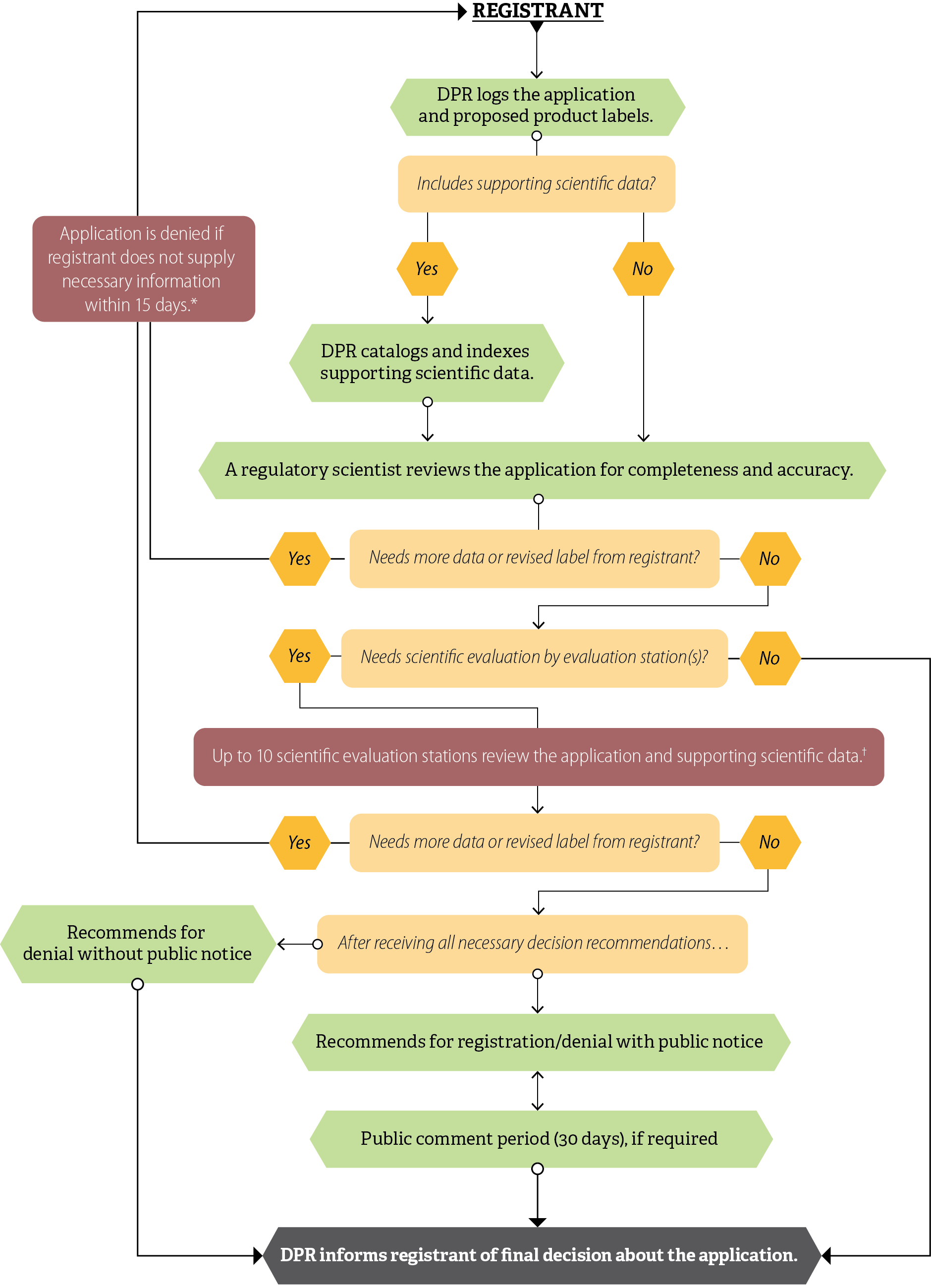 A flowchart representing the process an application for pesticide registration goes through from submission to DPR’s decision. This includes cataloging and indexing the scientific data that accompany the application, routing the application through scientific evaluation, and submitting the proposed pesticide for public comment.