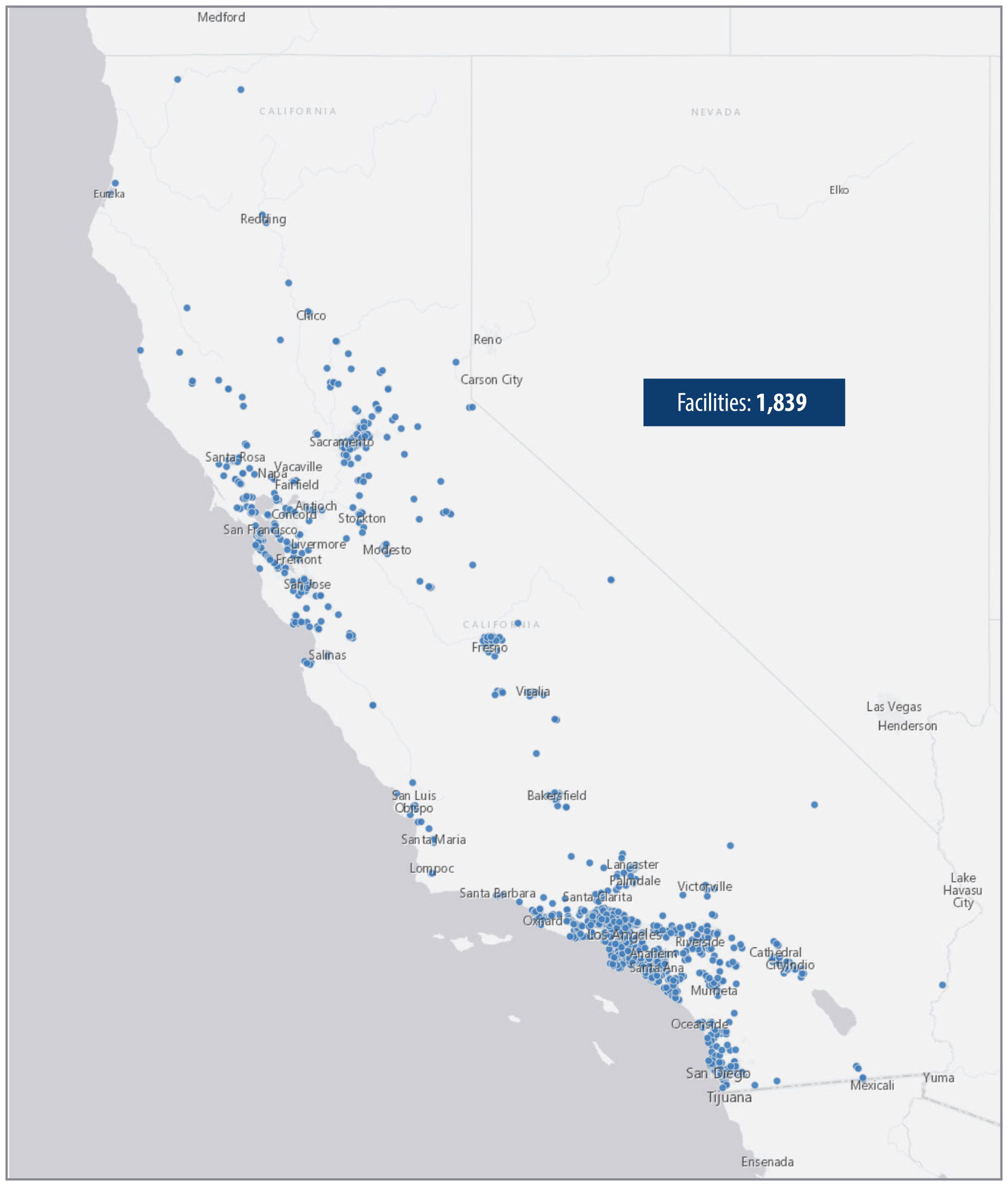 A state map of California that shows the geographic distribution of licensed or certified substance use disorder treatment facilities across the state.