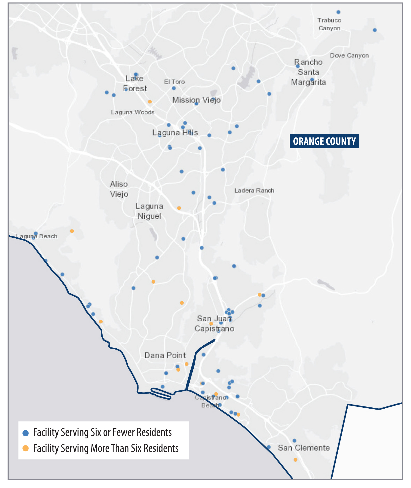 A regional map that highlights the distribution of licensed or certified substance use disorder treatment facilities located in Southern Orange County, categorized by facility size.