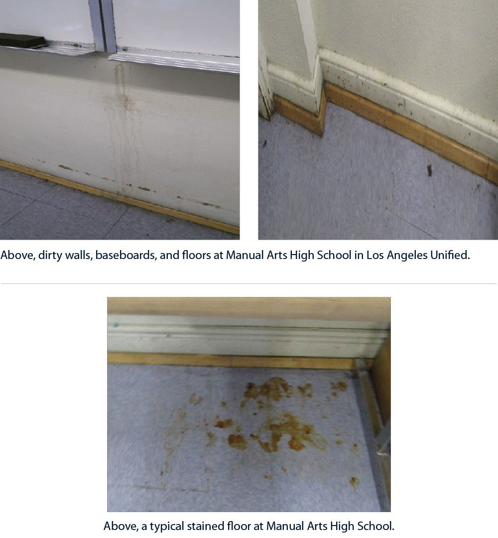 Dirty and stained walls, baseboards, and floors at Manual Arts High School in Los Angeles Unified.