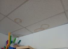 Multiple discolored circular water stains on ceiling tiles above colorful classroom supplies.